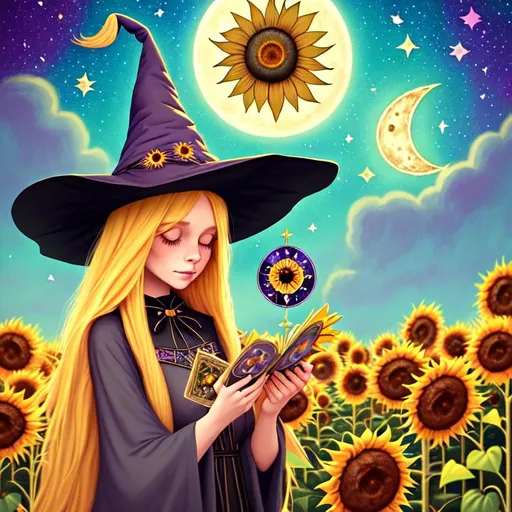 Prompt: witch with long blonde hair, using tarot cards, wearing witch hat, cute, sunflowers, aesthetic, pastel, fairycore, disney, pixar, moon, stars, witchcraft, in a starry pastel sky,  garden, sweet, dreamy, award winning illustration, artstation, highres