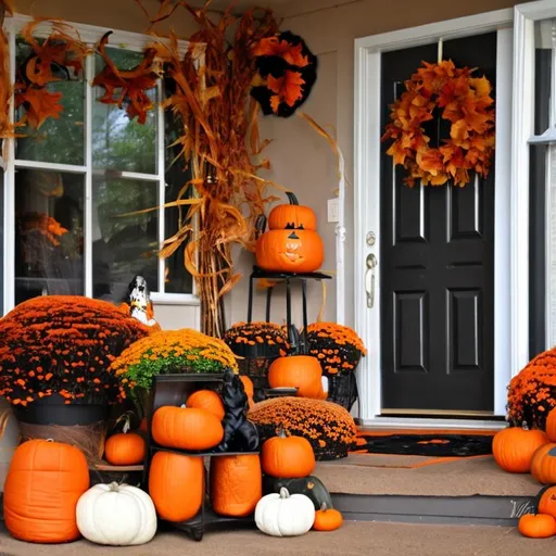 Prompt: Create a fall themed porch with Halloween decorations 