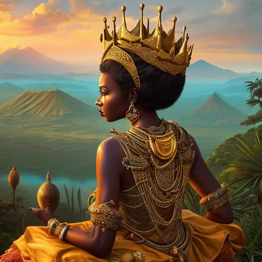 Prompt: A beautiful dark skin queen, African descent, 4C short hair, wearing a royal regalia and a crown, sitting on a mountain, back to the camera, admiring the beautiful tropical African landscape she rules, highly detailed, vivid color, perfect composition, Alejandro Bursido,