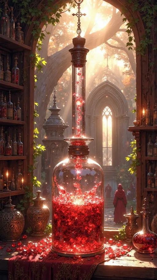 Prompt: red liquid inside a ((glass potion bottle)). a sparkling healing potion of magic. lots of potions on shelves in the back
 
sunny skies, ((wide length camera)), long distance , long shot, left side angle, wide depth of field. film grain, film textures. 