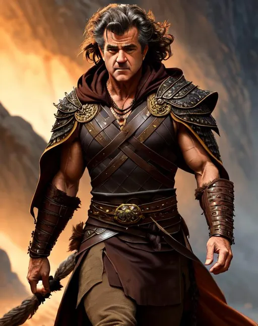 Prompt: Mel Gibson, 26 years old, brown dragon armor, sleeveless, determined, fierce, hero, dirty, cloak, dramatic, human, cinematic lighting, caustic, cave background, brown wild hair, brown eyes, battlefield, ethereal, jewelry set, handsome, royal vibe, highly detailed, digital painting, Trending on artstation , HD quality, tan skin,artgerm, by Ilya Kuvshinov