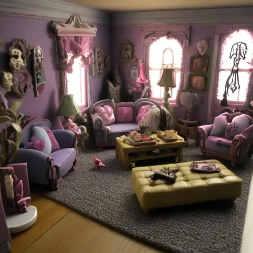 Prompt: Dollhouse living room in the style of Tim Burton 