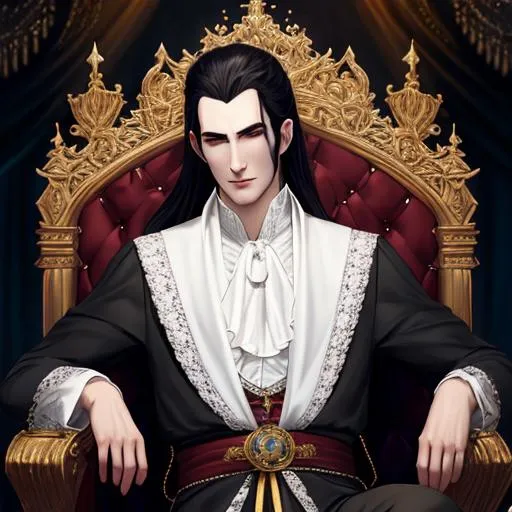 Prompt: panned out, full body, strahd von zarovich, vampire, pale skin, black hair, handsome, sitting on throne, soft light, digital painting, ultre-detailed, slight smirk