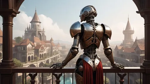 Prompt: a slender warforged automaton stands with back to camera on a large round balcony with a solid railing looking out over a fantasy city paradise during the age of arcanum 