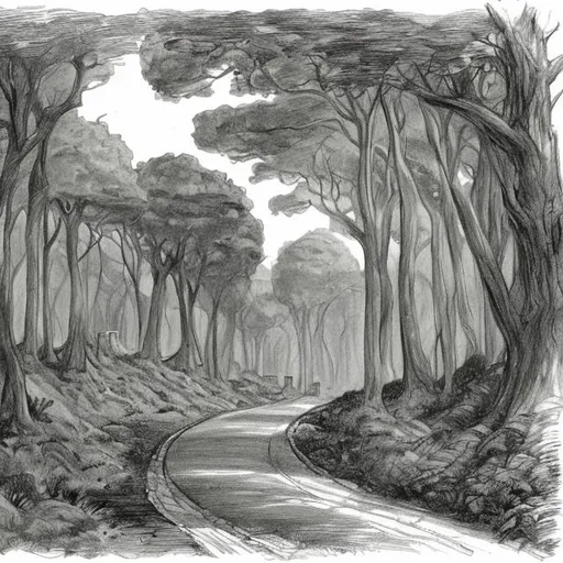 Prompt: drawing of a book cape of distant carriages through a forest road