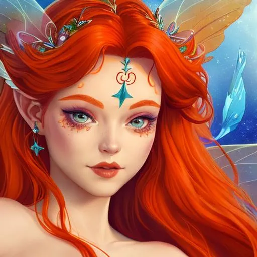 Prompt: Ariel as a fairy goddess, facial closeup, shades of orange