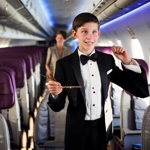 Prompt: 16 year old boy in a tuxedo in the airplane aisle wavering his magic wand at a flight attendant. Sparkling magic forms on the top of the wand as the flight attendant screams and braces for the impact of magic.