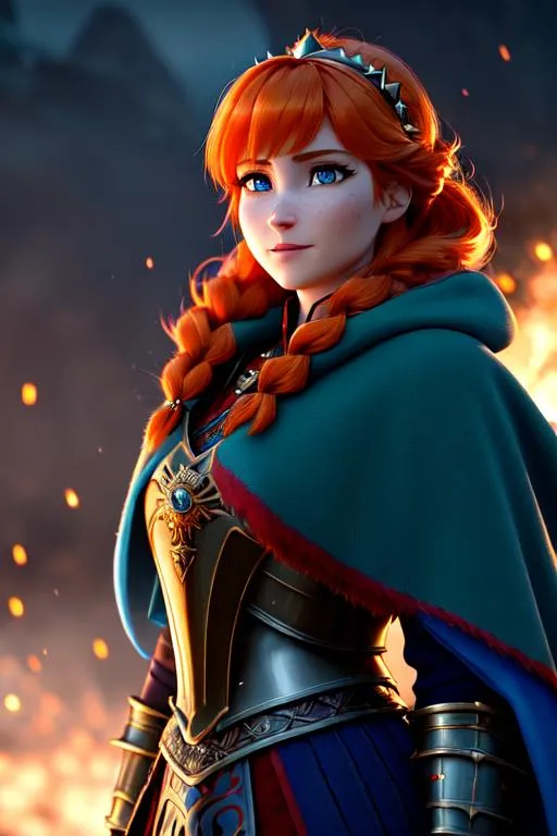 Prompt: Anna from Frozen 2 = orange hair, teal eyes, as a warrior, light plate armour battle dress, weilding a greatsword, determined, fierce, hero,
,dirty, cloak, fighting together back to back, dramatic, cinematic lighting, caustic, deep shadows, Studio quality CGI, insanely detailed, ultra high resolution, 8k wallpaper, hybrid warrior
Hyperdetailed 
