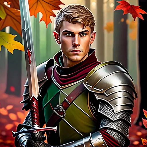 Prompt: Short skinny young male half-elf with very light brown short hair, gray-green eyes, knight armor, with a one-handed sword, covered in blood, dnd, Baldur's gate 3, in autumn woods, cute, at dusk,  perfect composition, hyperrealistic, super detailed, 8k, high quality, sharp focus, studio photo, intricate details, fade filter, highly detailed, by greg rutkowski