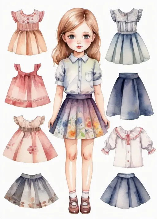 Prompt: young girl, children's clothing, skirt, blouse, a lot of details, high quality, fool body, standing straight, arms to the sides, paper doll, watercolor,