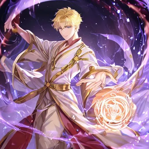 Prompt: butiful young man with a fire orbe in his hands blond hairs, very detaid eyes, elegant costume entire body realistic