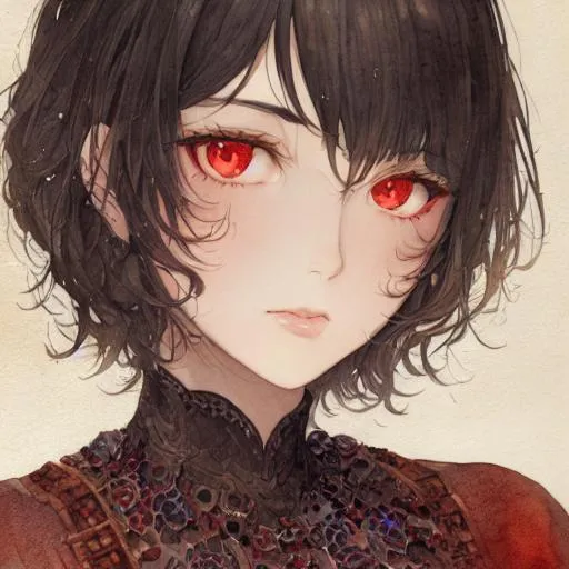 Prompt: portrait canvas, muted colors, watercolor style, vintage colors, by greg rutkowski, detailed, intricate face, detailed eyes, gentle tones, gothic tone, medieval theme, beautiful woman short black hair, glowing red eyes