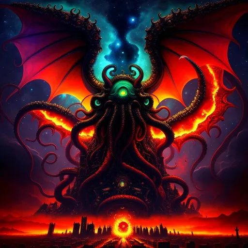 Prompt: Painting of a massive cthulhu, lovecraftian, old God,  tentacles, wings, teeth, eyes, apocalypse, fire , sci fi, ruins, trash, blood, midnight, nebula background, dramatic lighting, 8k, highest quality, vaporwave