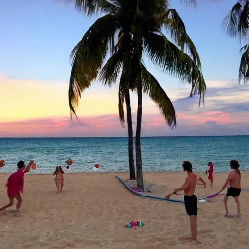 Prompt: miami with people playing volly ball and people swiming with a flowdy and sunset at the beath