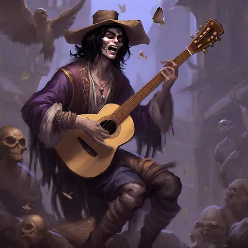 Prompt: Full body splash art of a sweet, youthful, young, handsome, male undead zombie bard, singing and playing the lute, mummified face, shoulder long black hair, skinny, tyrian purple medieval noble clothes with puffy sleeves, floppy hat with feathers, D&D, dnd, fantasy, highly detailed, sharp focus, digital painting, trending on artstation, 4k, 8k, unreal engine