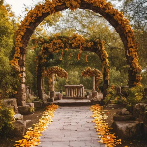 Prompt: An archway covered with leaves and used in marriage ceremonies; a potter’s wheel; a tree with spreading branches giving protection to others