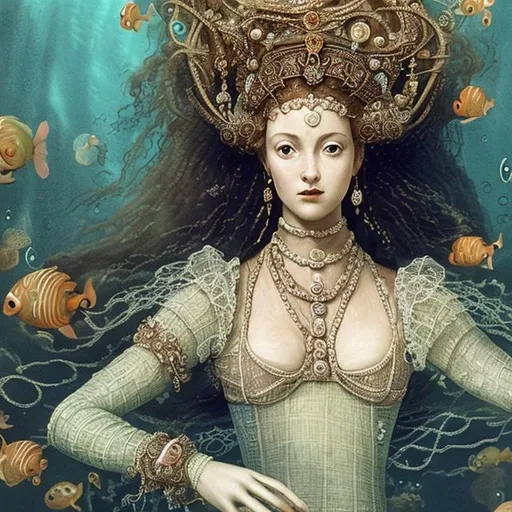 Prompt: woman in 16th century dress underwater lounging.  hair, elaborate hair, fabric, lace, bubbles. crown, jewels, queen.