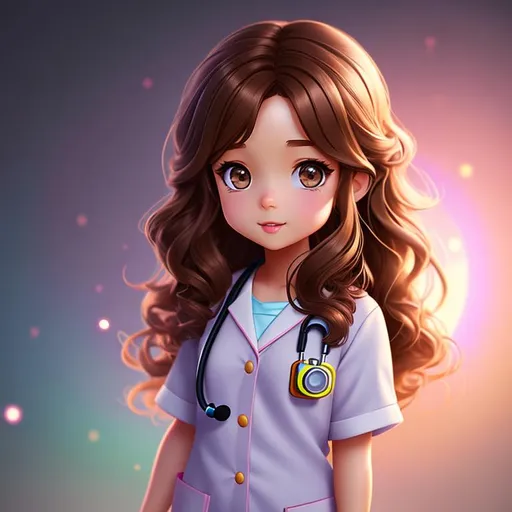 Prompt: tiny cute female doctor, standing character, wavy brown hair, soft lighting, soft pastel colors, skottie young, pop, physically based rendering, square image, centered, Adobe Illustrator, DSLR 50mm