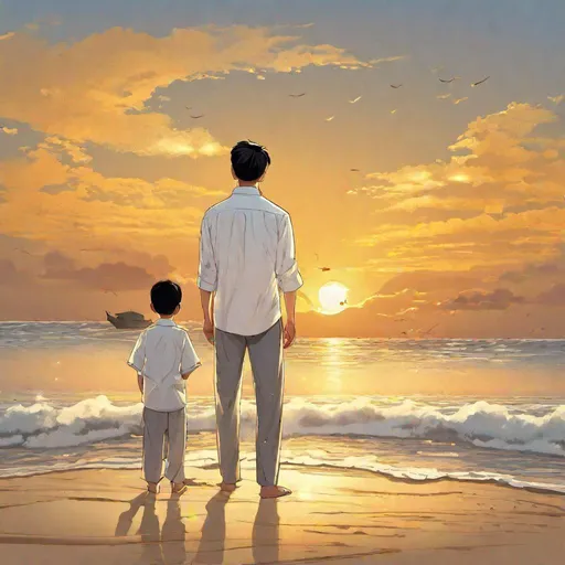 Prompt: a father with his son,chinese,white shirt,pants,standing on the beach,wind wave,sunset,(golden shunshine:1.3),(back view:1.5), {highly detailed illustration}