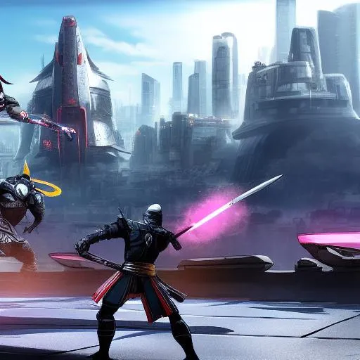 Prompt: Create an image of a fierce battle between two samurais in a futuristic cityscape. The samurais should be dressed in futuristic armor that reflects their status as skilled warriors. They should be positioned on top of a high-rise building, with the city skyline visible in the background. The environment should be a combination of traditional Japanese architecture and advanced technology, with neon lights, holographic displays, and advanced weaponry. The samurais should be locked in a dramatic battle, with their swords drawn and their movements graceful yet deadly. Use your creativity to capture the intensity and drama of the scene, with special attention given to lighting and composition. The resulting image should be visually stunning and tell a story of skill, honor, and valor