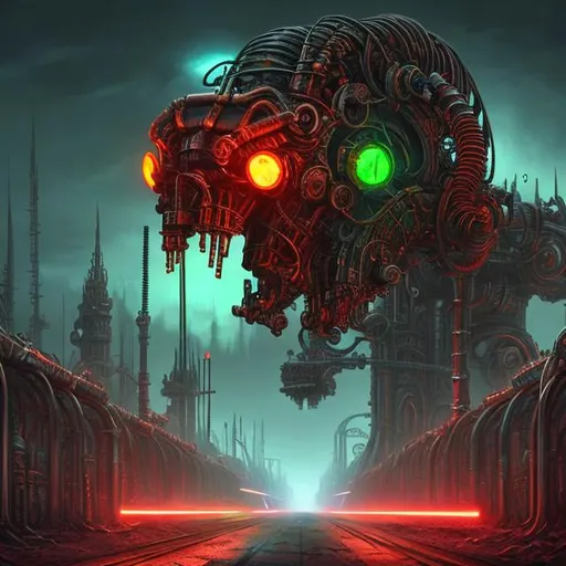 Prompt: Fantasy art style, painting, metal, chrome, Evil, dictatorship, green neon lights, neon lights, green lights, futuristic, biological mechanical war machine, biological mechanical, dystopian, war machine, pipes, tubes, cables, nuclear weapons, weapons, teeth, brutalist, fog, smog