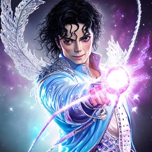 Prompt: fantasy, michael jackson as a wizard, UHD, 8k, high quality, ultra quality, perfect composition, trending art, trending on artstation, sharp focus, studio photo, intricate details, cinematic lighting, special effects, hyper realism, hyper realistic, Very detailed, oil painting, full body, zoom out, full view of character