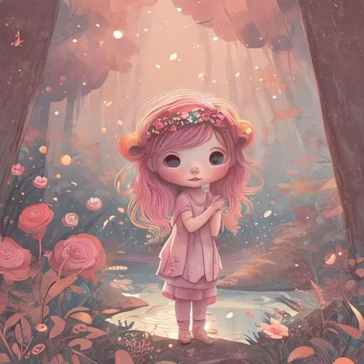 Prompt: little girl with rose gold pinkish hair in the forest colorful storybook illustrations 