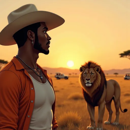 Prompt: In the golden light of an African savannah evening, @TRzJfEbYXKjmZAhFV8fB  stands just outside a safari vehicle with a seasoned guide nearby. A large male lion, roughly 30 feet away, watches him in complete stillness. Duke remains calm — not frozen in fear, but grounded. No camera, no bravado — just presence. The tension is real, but Duke’s body language is composed, respectful. The lion blinks slowly, turns its head, and walks off into the tall grass.Scene captures the quiet moment where power meets stillness, and fear gives way to focus.