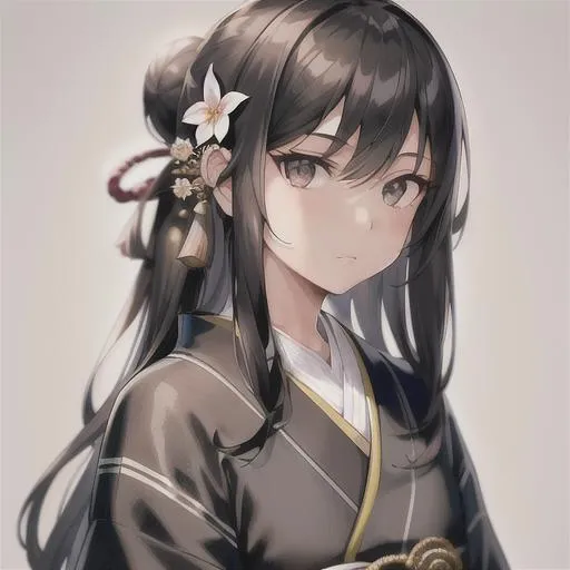 Prompt: (masterpiece, illustration, best quality:1.2), 1girl, solo,  straight hair, long hair，bangs, dignfied ,  foggy grey eyes, black hair, finely detailed, detailed face, toned face, beautiful detailed eyes, beautiful detailed shading, beautifully detailed background,japanese_clothes,single hair bun,flower hair ornament,japanese_clothes,single hair bun