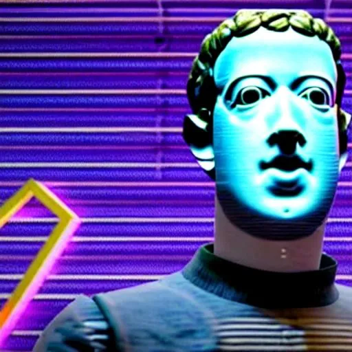 Prompt: A sculpture of Mark Zuckerberg made out of recycled Facebook data, magic, tron, Johnny mnemonic, vaporwave, glitch art