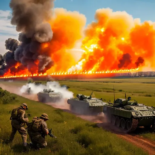 Prompt: A genre painting of a intensely fierce firefight on a Ukrainian farm in a tree line trench and a convoy of military bmp-1s speeding under artillery explosions to trench lines, guerilla warfare, trench warfare, grassland, raid, convoy, army, large, tree lines 