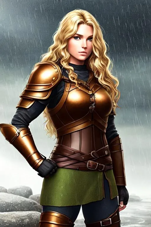 Prompt: digital art, 27-year-old Young woman viking, Quite well-built and lean muscled, Green-gold eyes, short but still somewhat long brown hair with streaks of blonde Curly and thick. True curliness shows in misty and/or rainy weather, hair Bordering between blond and dirty blond a middle ground the true challenge, black gear, orange armor, full body, full armor, unreal engine 8k octane, 3d lighting