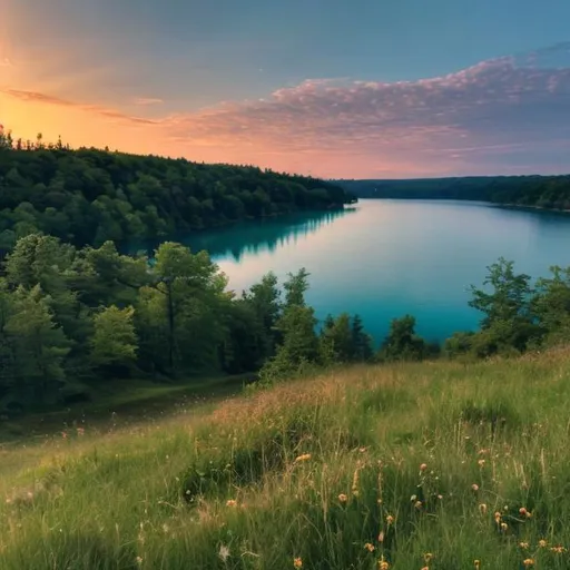 Prompt: Look from up on a hill down on a lake with grassy area to sit by the shore, woods to the left of the 
lake and sunset in the distance.