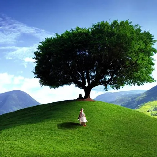 Prompt: Blue sky,
Multiple Green hills,
One big hill with a single big tree on top,
A girl in white standing beside tree back facing on top of the big hill,
