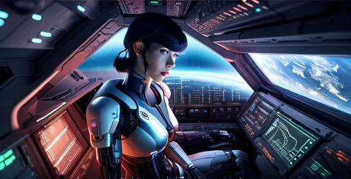 Prompt: a cyborg in a spaceship cockpit , ghost in the shell, high details, realistic, professionally colour graded, photorealism, 8k, pixiv, tumblr, instagram, deviantart, art by sakimi chan