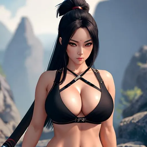 Prompt: extremely busty samurai, katana on her hips, wears minimal clothing, highly detailed face, highly detailed eyes, highly detailed body, full body, whole body visible, full character visible, soft lighting, high definition, ultra realistic, unreal engine 5, 8K, digital art
