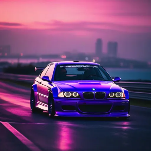 Prompt: 2001 BMW M3 E46 GTR, synthwave, aesthetic cyberpunk, miami, highway, dusk, neon lights, coastal highway, dusk, neon lights, coastal highway, sunset, drift, nurburgring