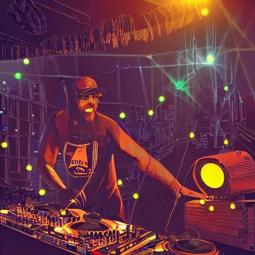Prompt: “A DJ man playing records while large crowd of people are dancing wildly in a room full of electronic steampunk equipment with lots of electric wires and large loudspekers and audio meters. Artstation. Bright spotlights and strobo lights. Dark, highly detailed. In a style of Mike Savad.”