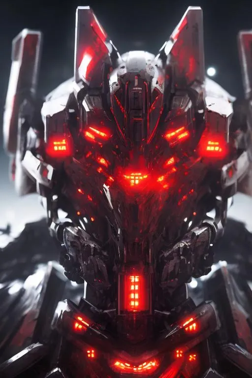 Prompt: A very detailed portrait of a black mecha that has prominent red lighting and gives off an ominous vibe that is very much like the sample picture