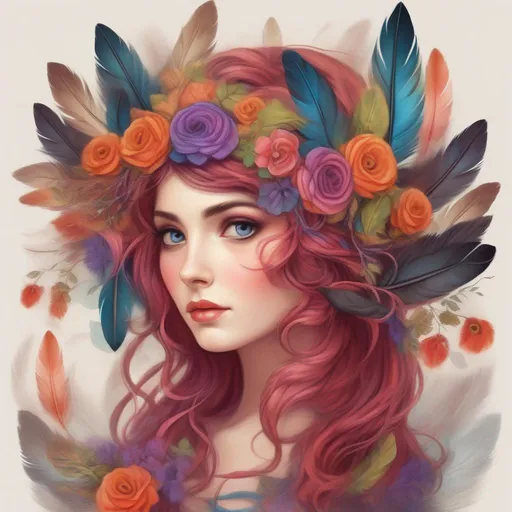 Prompt: Colourful and beautiful Persephone with owl feathers for hair in a painted style