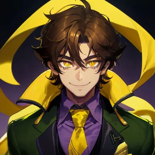 Prompt: Sly and smiling man with messy brown hair and golden yellow eyes with slit pupils wearing a green jacket and a yellow tie under a purple scarf.