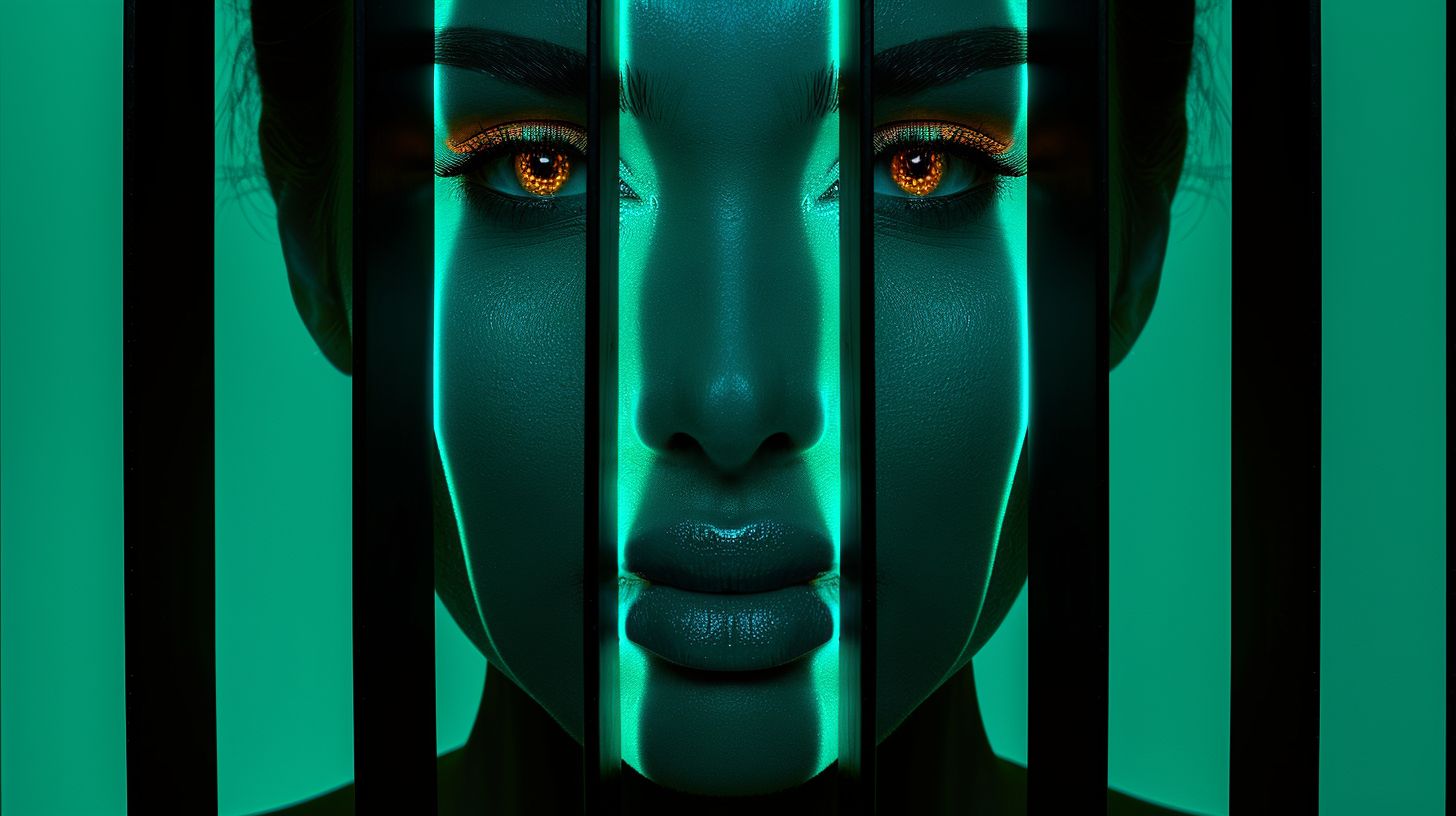 Prompt: An HDR photograph of a woman's face pressed against a curtain of black bars, showcasing enhanced contrasts and vibrant colors. The image features a color scheme of light bronze and dark blue, accented with neon grids. The glass-like curtain contributes to the timeless beauty. The composition, including a symmetrical grid in a wide ratio format, emphasizes the high dynamic range typical of HDR photography, with rich details and deep shadows. --ar 16:9 --style raw --personalize uevtph5 --stylize 500