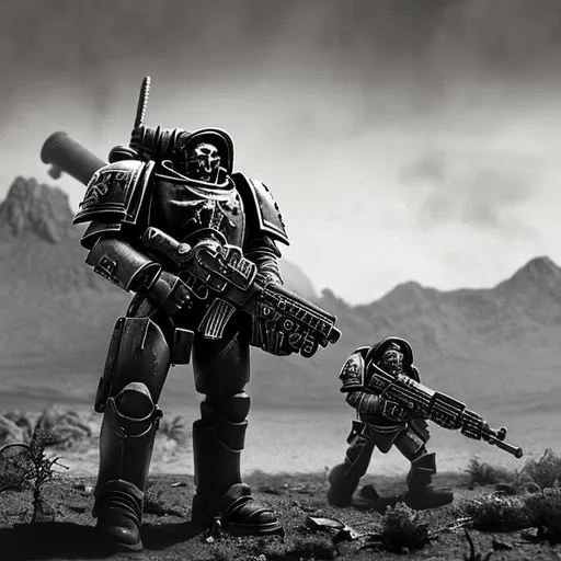 Prompt: warhammer 40k, guerilla warfare, oil rig, mountain, desert, monochrome