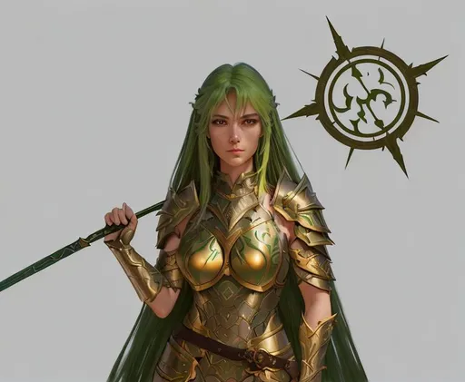 handsome female paladin warrior with long green hair
