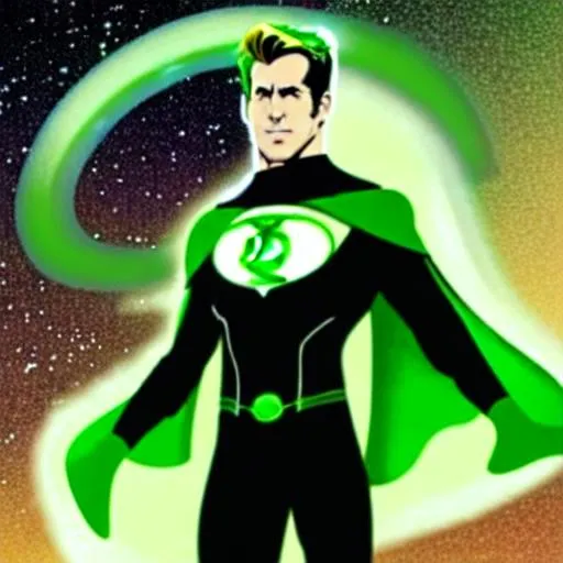 Prompt: Hal Jordan Ryan Reynolds Inspired, Green-Glowing-Cape floating in deep outer-space 