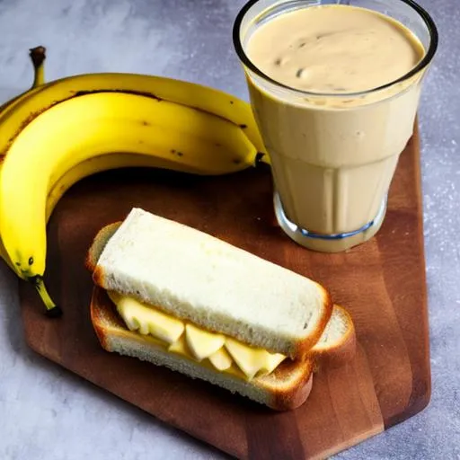 Prompt: banana cheese sandwich with banana cheese milkshake