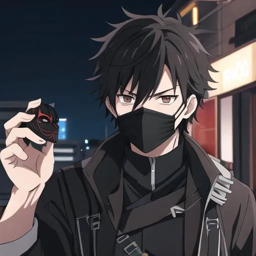 Anime brown hair character profile wearing all black