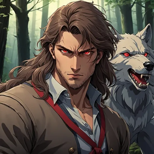 Prompt: wolf, man, hunter, huntsman, red eyes, long brown hair, rugged, manly, bow, in the forest, handsome, 2D art, illustration, detailed facial features, dramatic lighting, 90s anime, 80s anime, anime screencap, cartoon, 2d art, romance novel cover, anime art style, castlevania anime, beserk anime