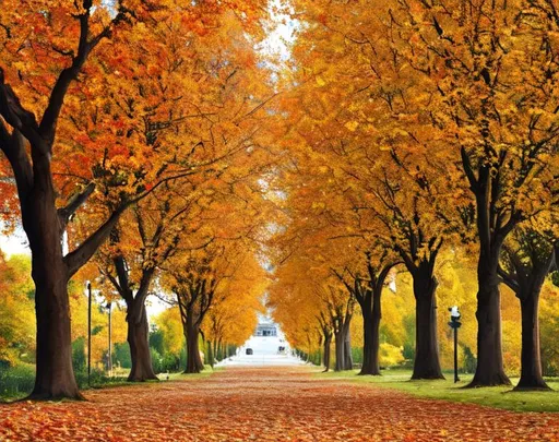 Prompt: rococo styled city in mid-afternoon. It is autumn and the ground is covered with brightly colored leaves.