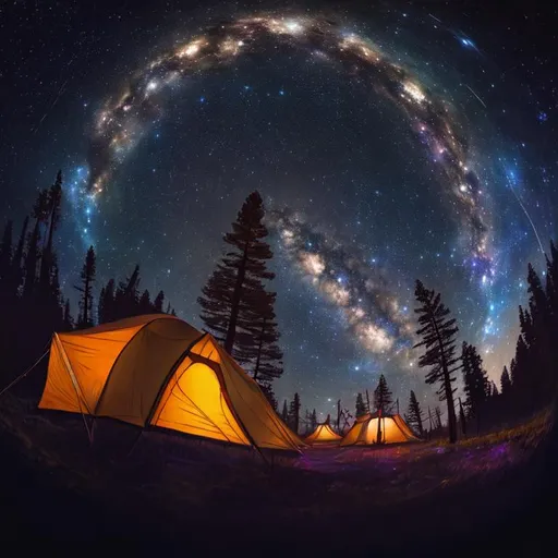 Prompt: An epic fantastic realism comic book style painting of the most beautiful spinning CAMP SITE, launched across the dark and starry night sky,  fisheye, unreal 5, DAZ, hyperrealistic, octane render, dynamic lighting